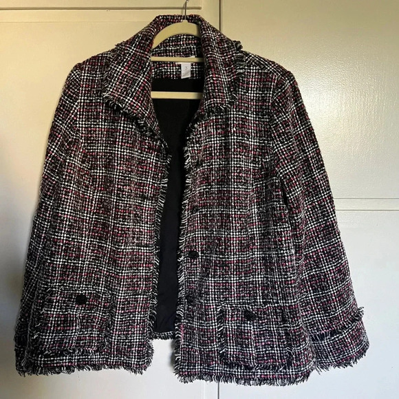 Chico"s Black Pink Plaid Tweed Fringe Blazer Size XL - Picture 2 of 9